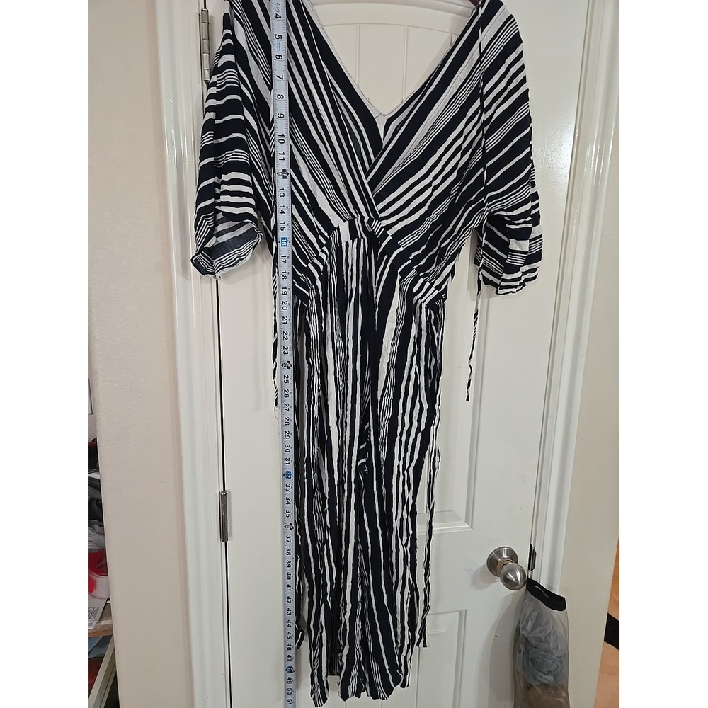 NY&Co Blue White Striped Off The Shoulder Jumpsuit Medium Wide Leg Summer - Picture 6 of 14